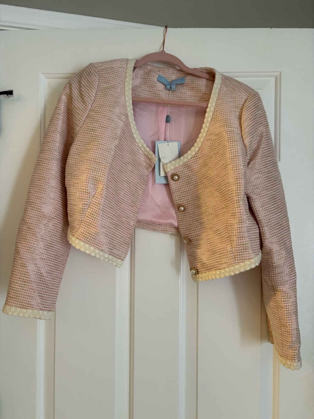 Hill House Pink Cropped Tweed Blazer with Cream Trim